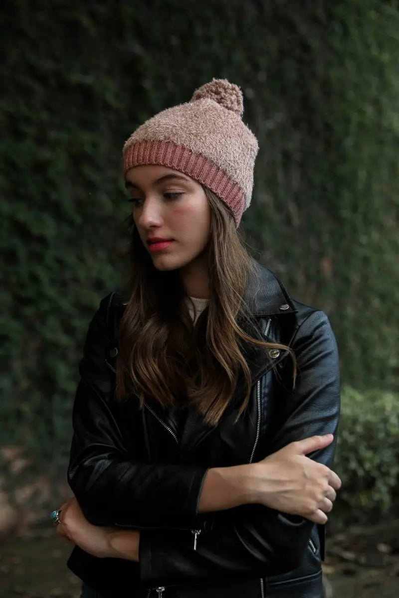 Soft Furry Pom Knit Beanie knit winter hat in Rose