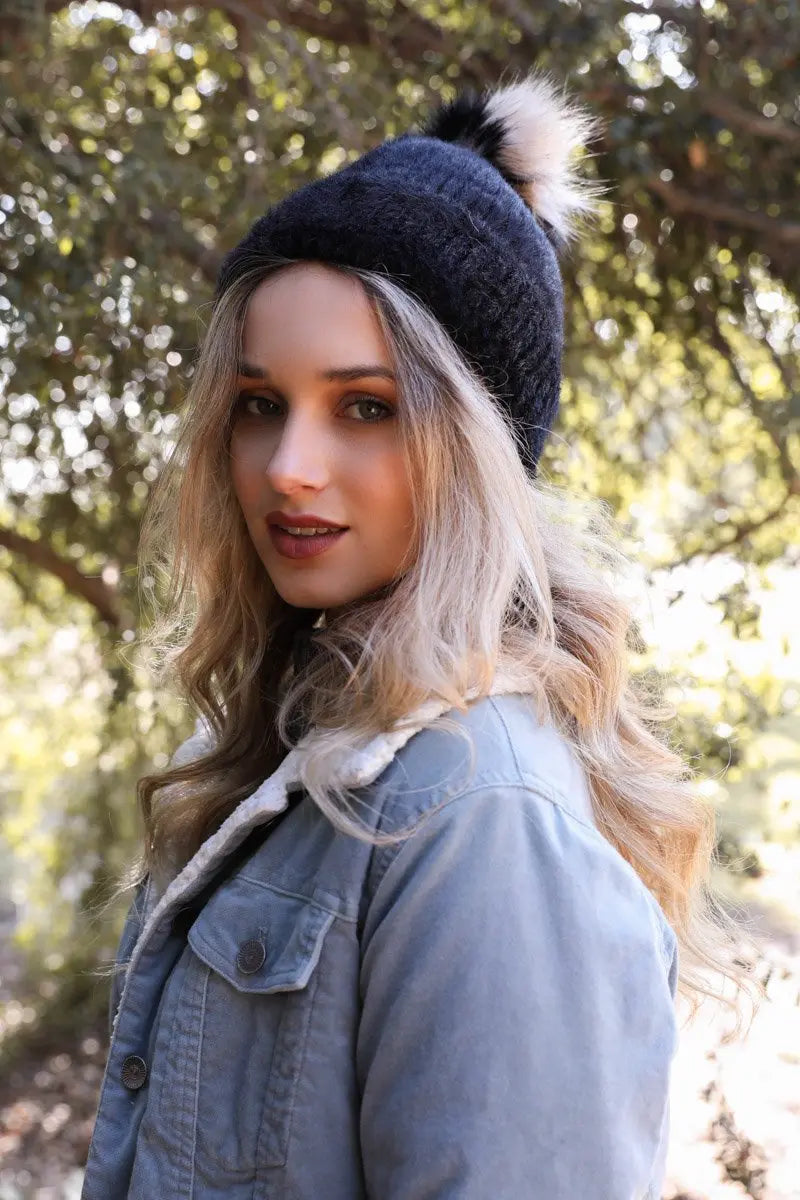 Soft Mohair Pom Beanie knit winter hat in Black