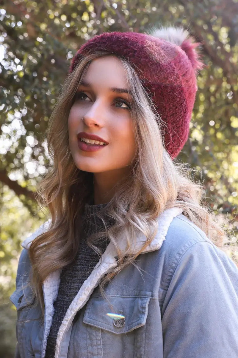 Soft Mohair Pom Beanie knit winter hat in Burgundy
