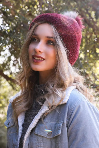 Soft Mohair Pom Beanie knit winter hat in Burgundy