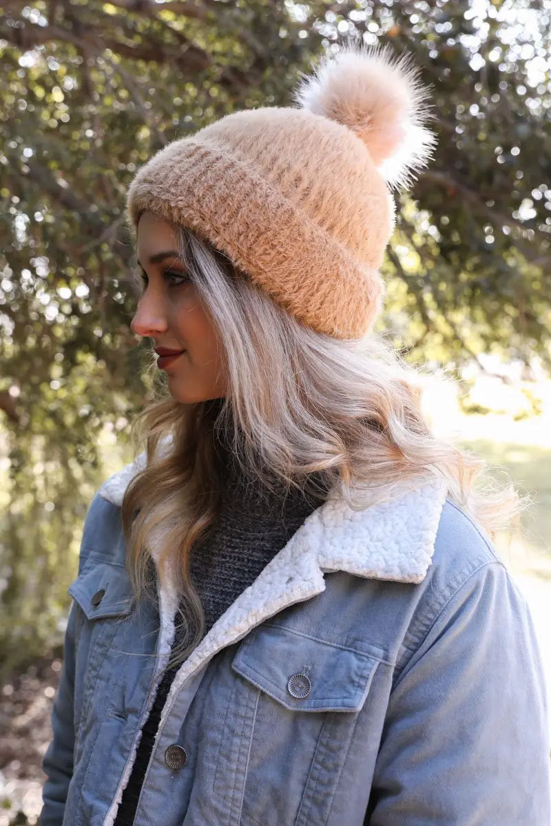 Soft Mohair Pom Beanie knit winter hat in Camel