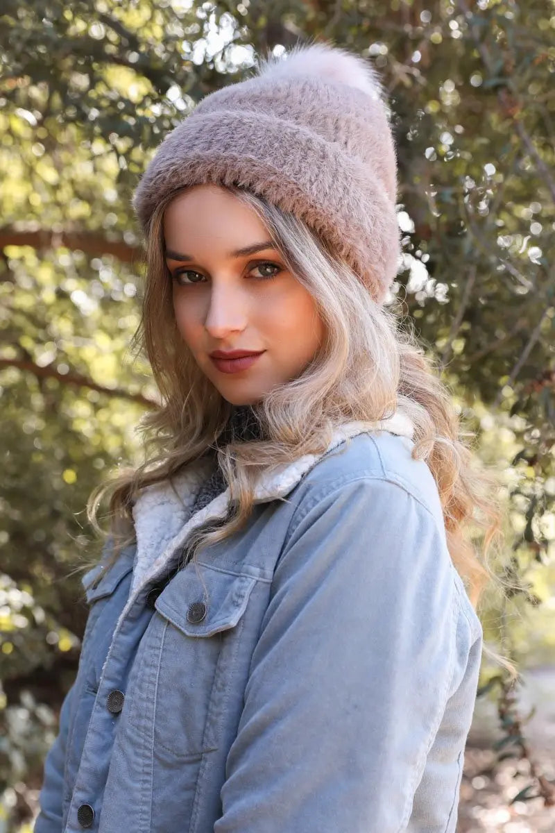 Soft Mohair Pom Beanie knit winter hat in Gray