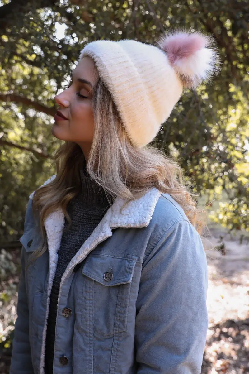 Soft Mohair Pom Beanie knit winter hat in Ivory