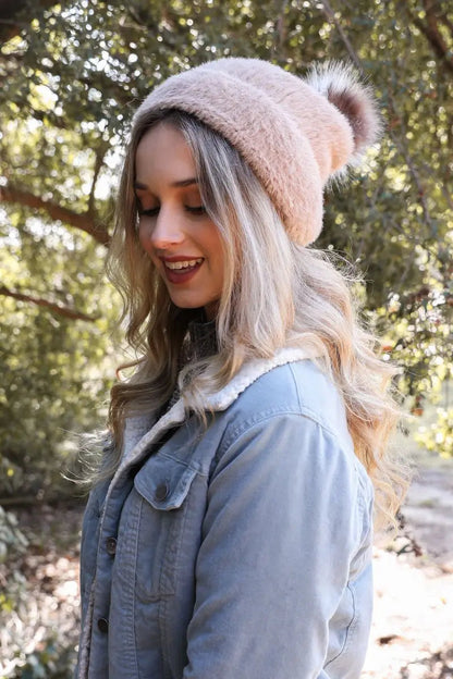 Soft Mohair Pom Beanie knit winter hat in Rose