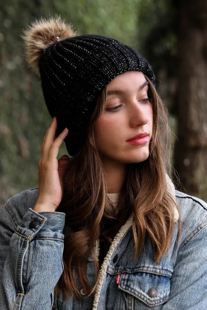 Soft Rib Knit Pom Beanie knit winter hat in Black