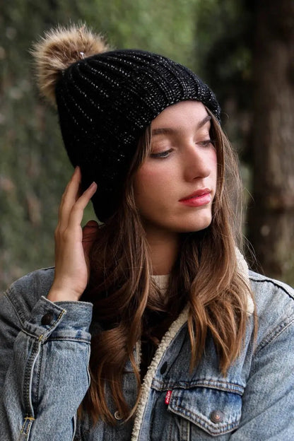 Soft Rib Knit Pom Beanie knit winter hat in Black