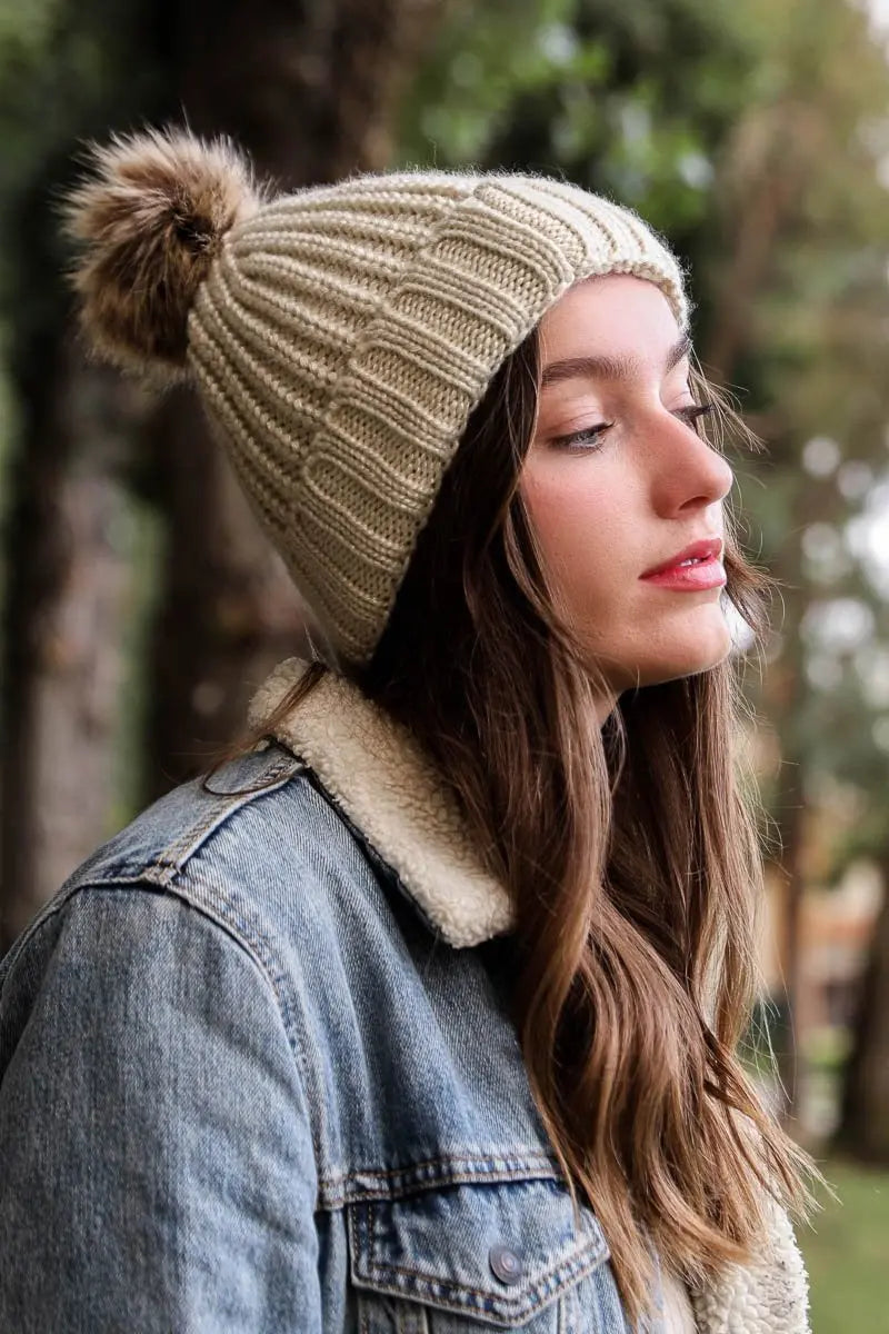 Soft Rib Knit Pom Beanie knit winter hat in Ivory