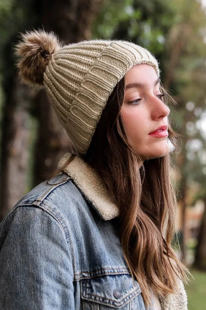 Soft Rib Knit Pom Beanie knit winter hat in Ivory