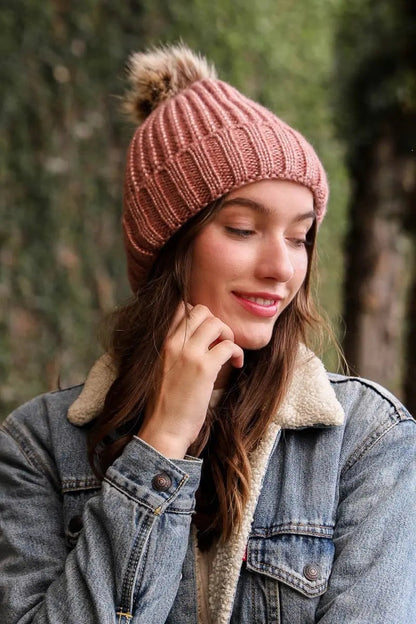 Soft Rib Knit Pom Beanie knit winter hat in Pink