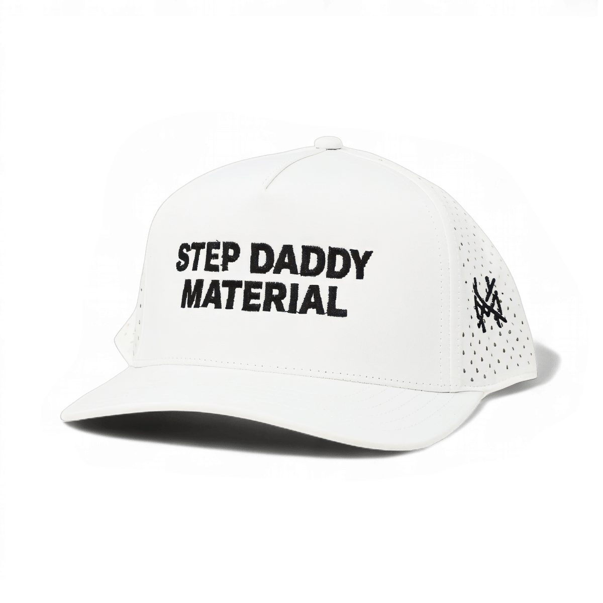 Step Daddy Material Funny Embroidered Snapback Hat in Performance Retro White – Ivy + Cloth