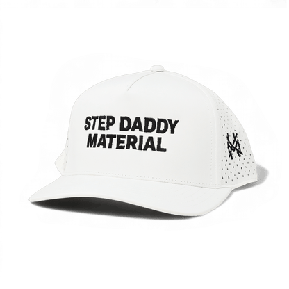 Step Daddy Material Funny Embroidered Snapback Hat in Performance Retro White – Ivy + Cloth