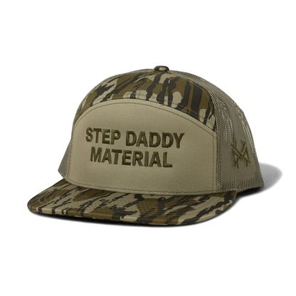 Step Daddy Material Funny Embroidered Snapback Hat in 7 Panel Bottomland/Loden – Ivy + Cloth
