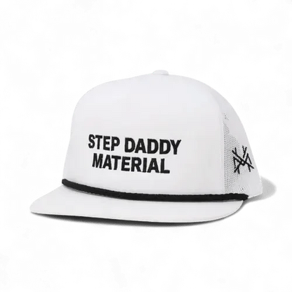 Step Daddy Material Funny Embroidered Snapback Hat in Flat Bill White with Black Rope – Ivy + Cloth