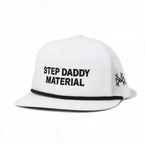 Step Daddy Material Funny Embroidered Snapback Hat in Flat Bill White with Black Rope – Ivy + Cloth