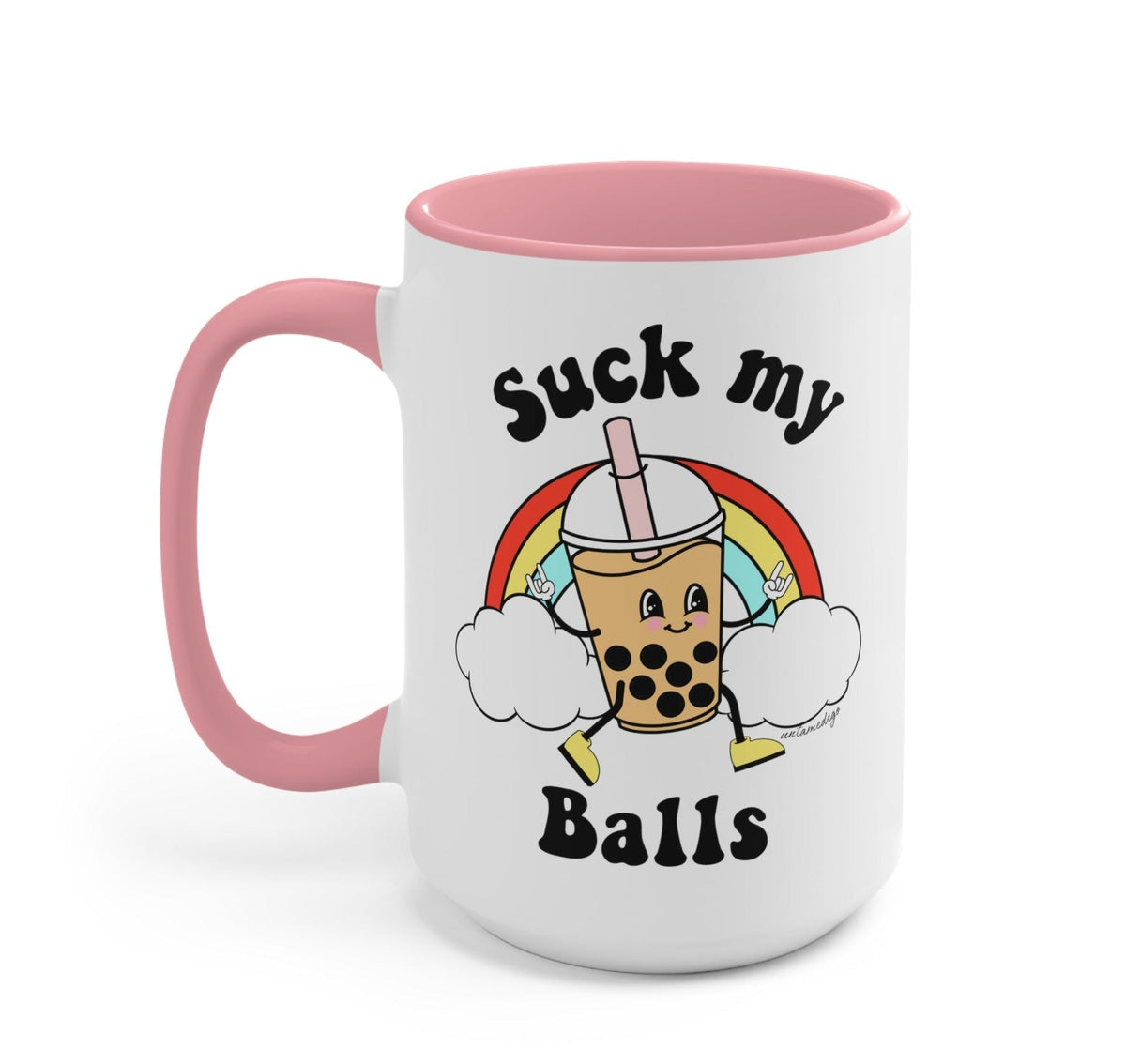 Funny "Suck My Balls Boba Exclusive" — Ceramic mug with bubble tea character graphic, pink handle and rim