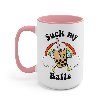 Funny "Suck My Balls Boba Exclusive" — Ceramic mug with bubble tea character graphic, pink handle and rim
