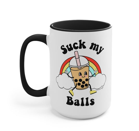 Funny "Suck My Balls Boba Exclusive" — Ceramic mug with bubble tea character graphic, black handle and rim