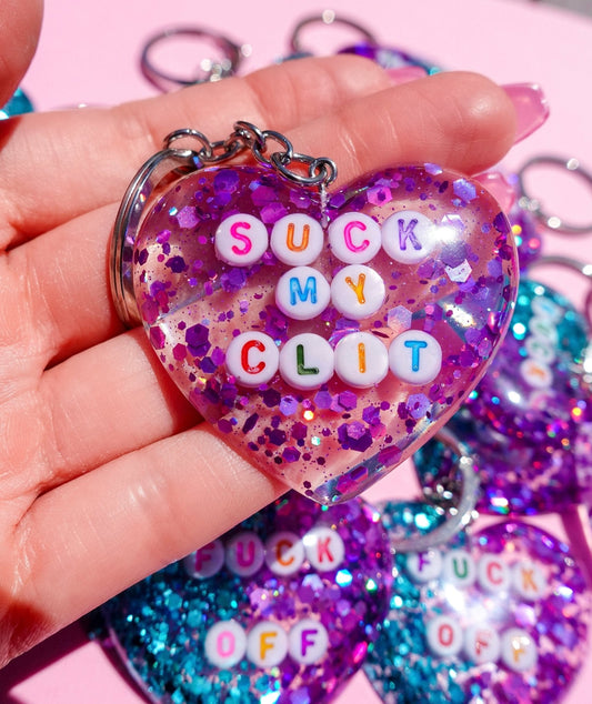 Funny Purple glitter heart keychain charm with colorful bead letters on the front