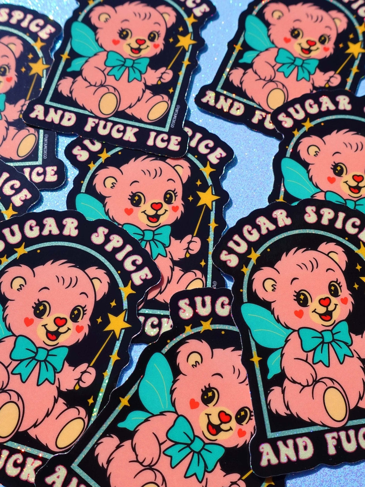Funny Multiple bear graphic stickers with turquoise bow; 'SUGAR SPICE' and 'AND FUCK ICE' text