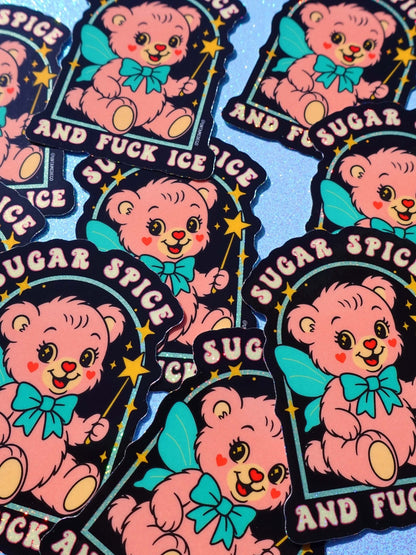 Funny Multiple bear graphic stickers with turquoise bow; 'SUGAR SPICE' and 'AND FUCK ICE' text