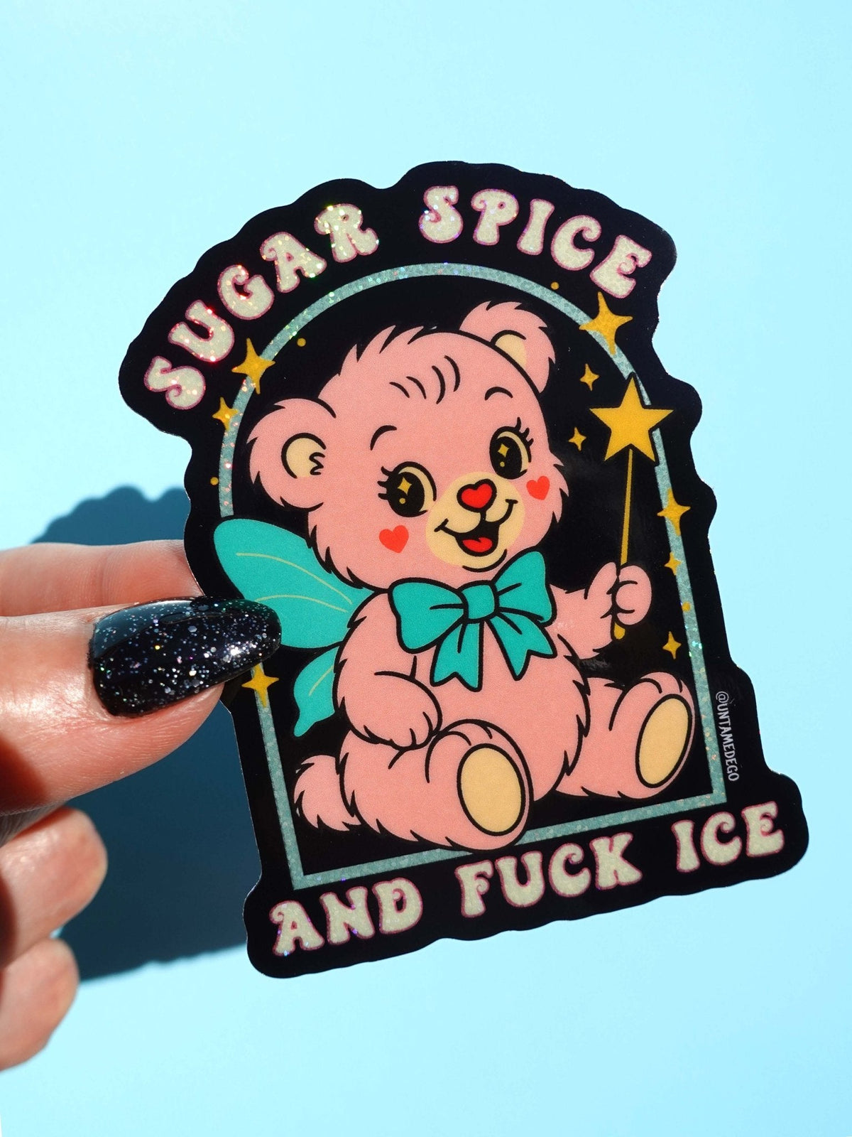 Funny Bear graphic sticker with turquoise bow; 'SUGAR SPICE' and 'AND FUCK ICE'
