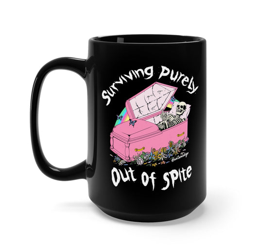 Funny "Surviving Purely Our Of Spite" — Black ceramic mug with pink coffin and skull graphic, Out of Spite text