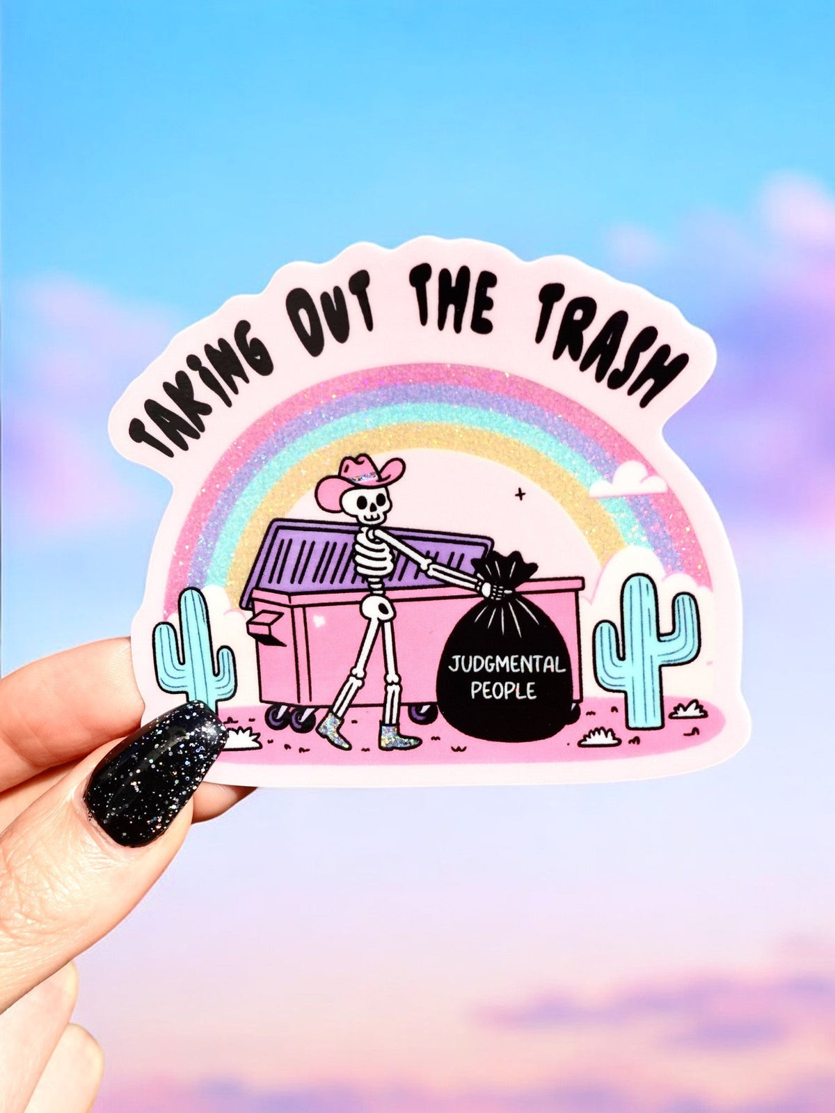 Funny Taking out the trash sticker: pastel rainbow with cactus and skeleton at a table