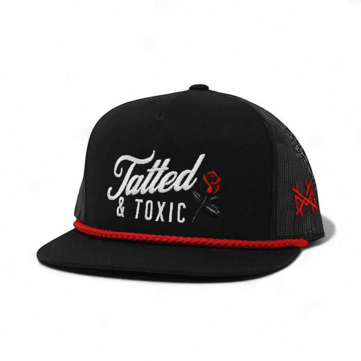 Tatted And Toxic Funny Embroidered Snapback Hat in Flat Bill Black with Red Rope – Ivy + Cloth