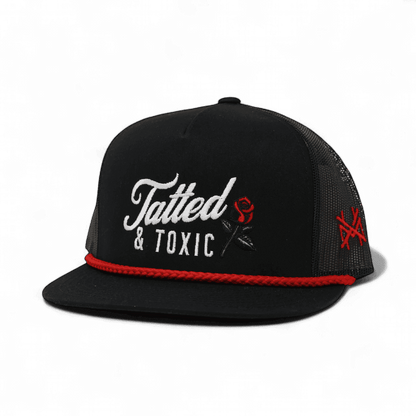 Tatted And Toxic Funny Embroidered Snapback Hat in Flat Bill Black with Red Rope – Ivy + Cloth