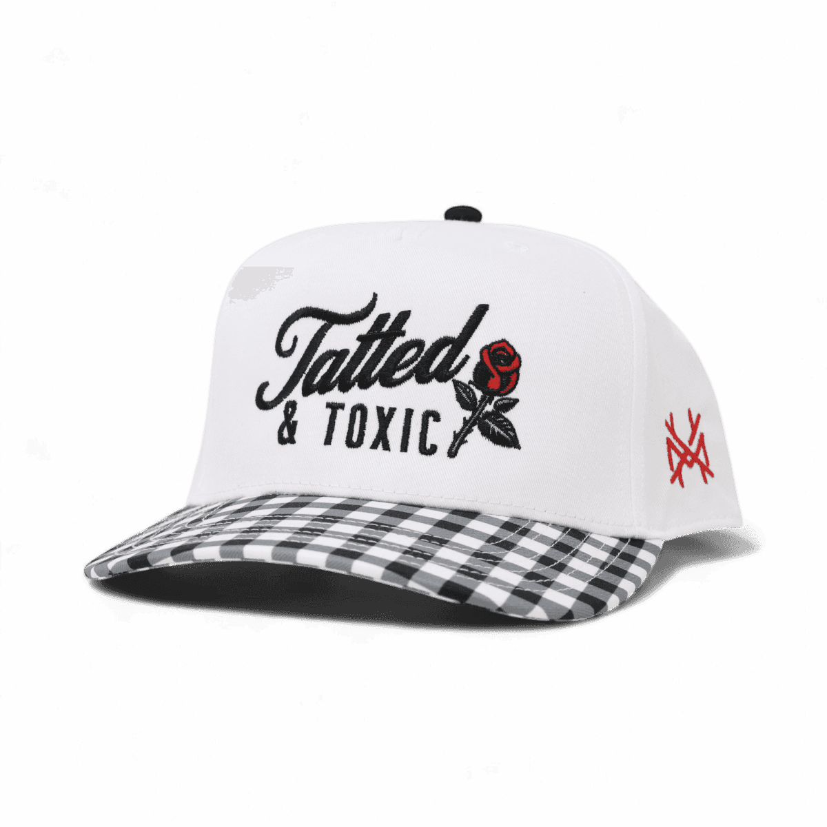 Tatted And Toxic Funny Embroidered Snapback Hat in Retro Black Check/White – Ivy + Cloth