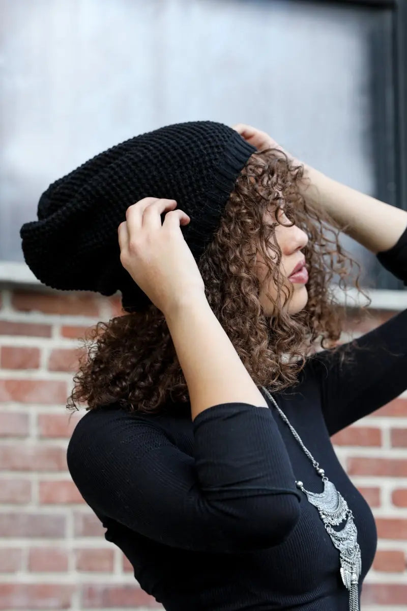 Textured Slouch Beanie knit winter hat in Black
