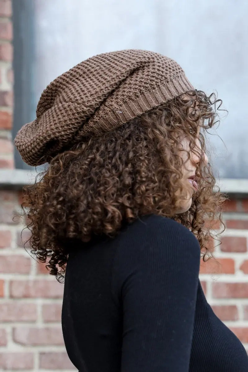 Textured Slouch Beanie knit winter hat in Mocha