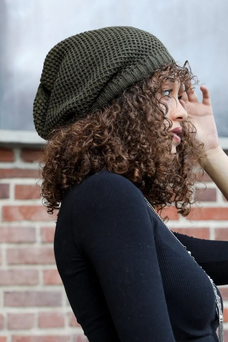 Textured Slouch Beanie knit winter hat in Olive