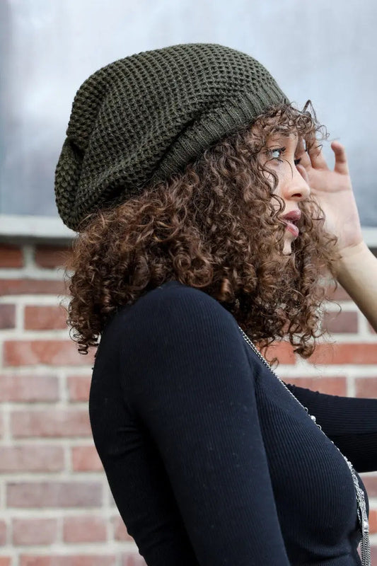 Textured Slouch Beanie knit winter hat in Olive