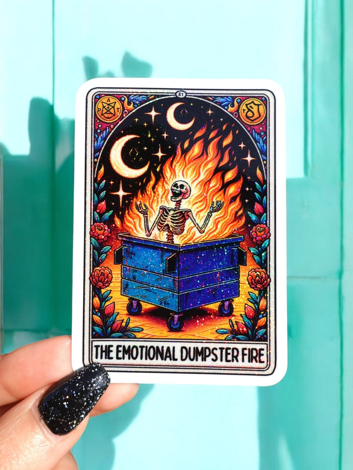 Funny Square tarot card sticker with fiery orange figure, skull, dark blue border, white outline