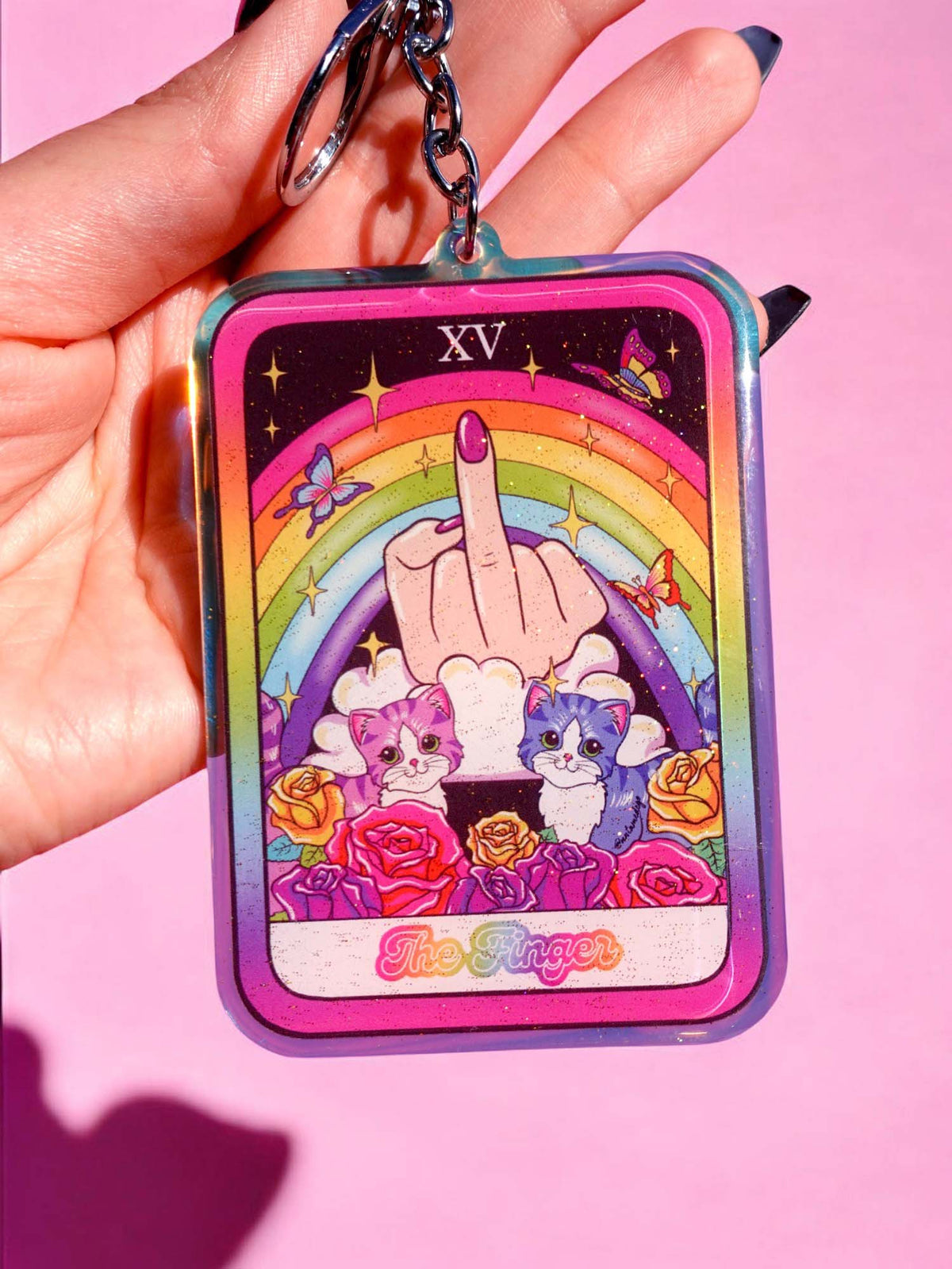 Funny Rainbow finger acrylic keychain with square charm, stars and cat graphics, pink border