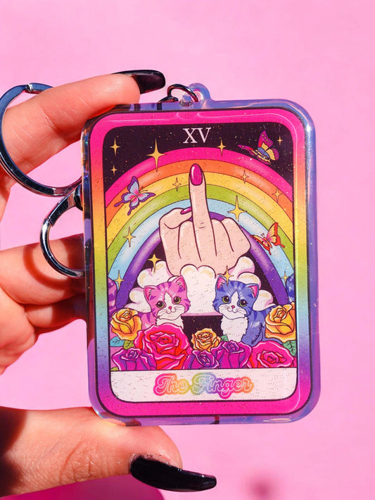 Funny Rainbow finger acrylic keychain with metal keyring, square charm, cats and pink frame