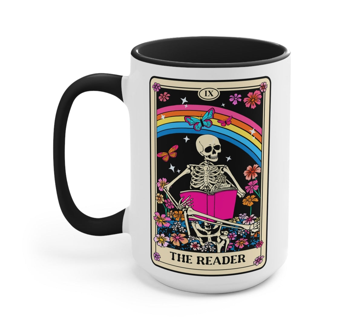 Funny "The Reader Tarot Card" — White ceramic tarot card mug with skeleton and flowers graphic, black handle, 'THE READER'