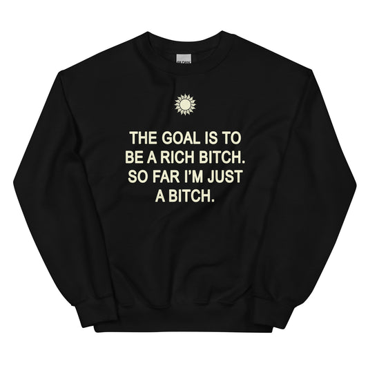 Unisex black crewneck sweatshirt with sun icon and slogan text graphic on front.
