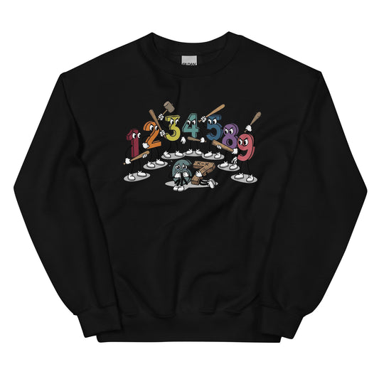 Unisex black sweatshirt with centered colorful character graphic and crew neckline