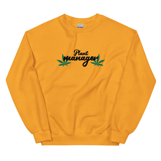 Gold unisex crewneck sweatshirt with Plant manager cannabis-leaf graphic