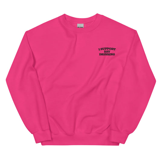 Unisex crewneck sweatshirt in bright pink with small embroidered slogan on chest