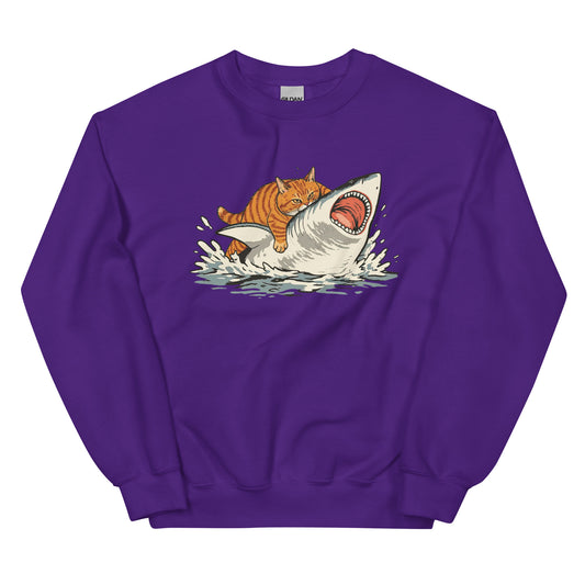 Purple unisex sweatshirt with orange cat shark graphic on front
