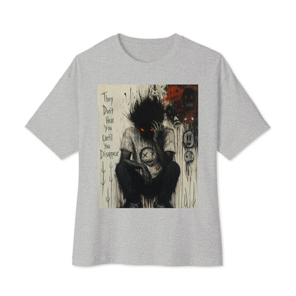 Athletic heather oversized boxy tee with the 'To Late' goth graphic: a shadowy, wild-haired figure with glowing red eyes hunched over, with the words "They don't hear you until you disappear"