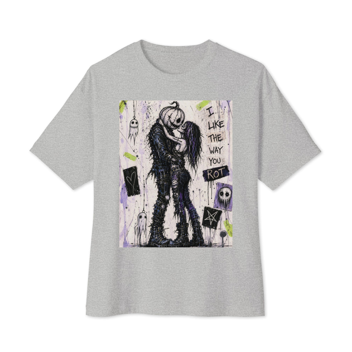 Athletic heather oversized boxy tee with the 'I Like The Way You Rot' goth graphic: a pumpkin-headed zombie kissing a purple-haired goth girl, with the words "I like the way you rot"