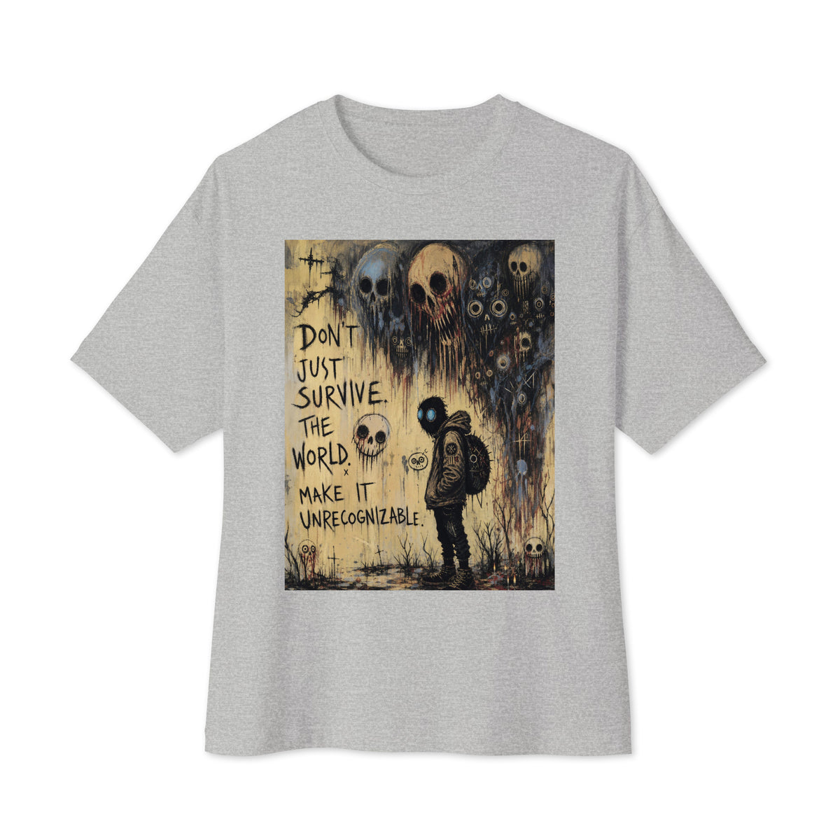 Athletic heather oversized boxy tee with the 'World Changer' goth graphic: a hooded figure beneath looming skulls, with the words "Don't just survive the world, make it unrecognizable"