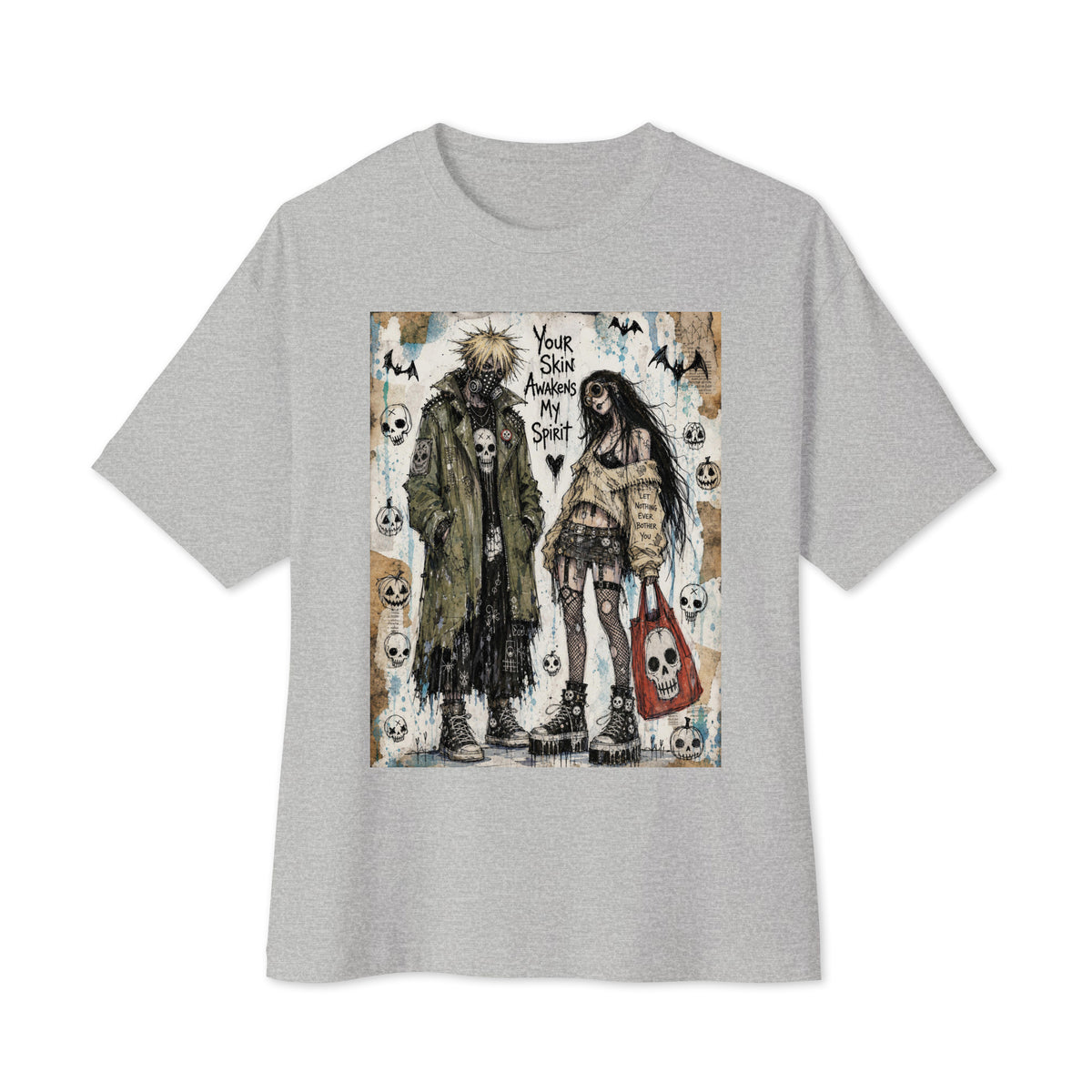 Athletic heather oversized boxy tee with the 'Your Skin Awakens My Spirit' goth graphic: a grunge zombie couple standing together, with the words "Your skin awakens my spirit"