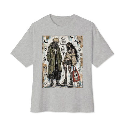 Athletic heather oversized boxy tee with the 'Your Skin Awakens My Spirit' goth graphic: a grunge zombie couple standing together, with the words "Your skin awakens my spirit"