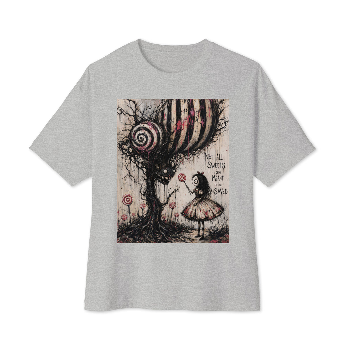 Athletic heather oversized boxy tee with the 'Sweet Tooth' goth graphic: a girl with a lollipop facing a creepy candy-striped tree monster, with the words "Not all sweets are meant to be saved"