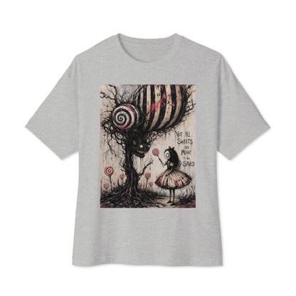 Athletic heather oversized boxy tee with the 'Sweet Tooth' goth graphic: a girl with a lollipop facing a creepy candy-striped tree monster, with the words "Not all sweets are meant to be saved"